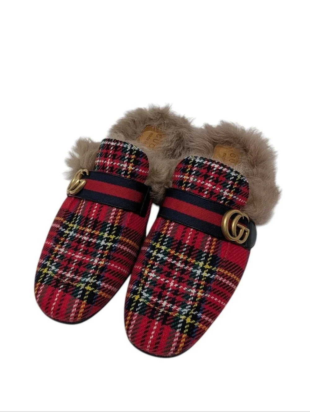 NEW Gucci GG Men's Red Plaid Fur Princetown Loafer Size 9.5